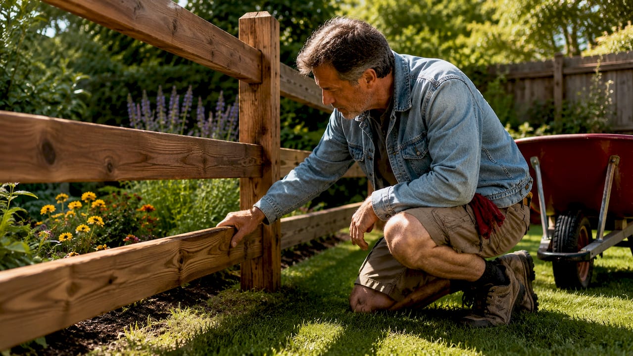Homeowner inspecting wooden split rail fence