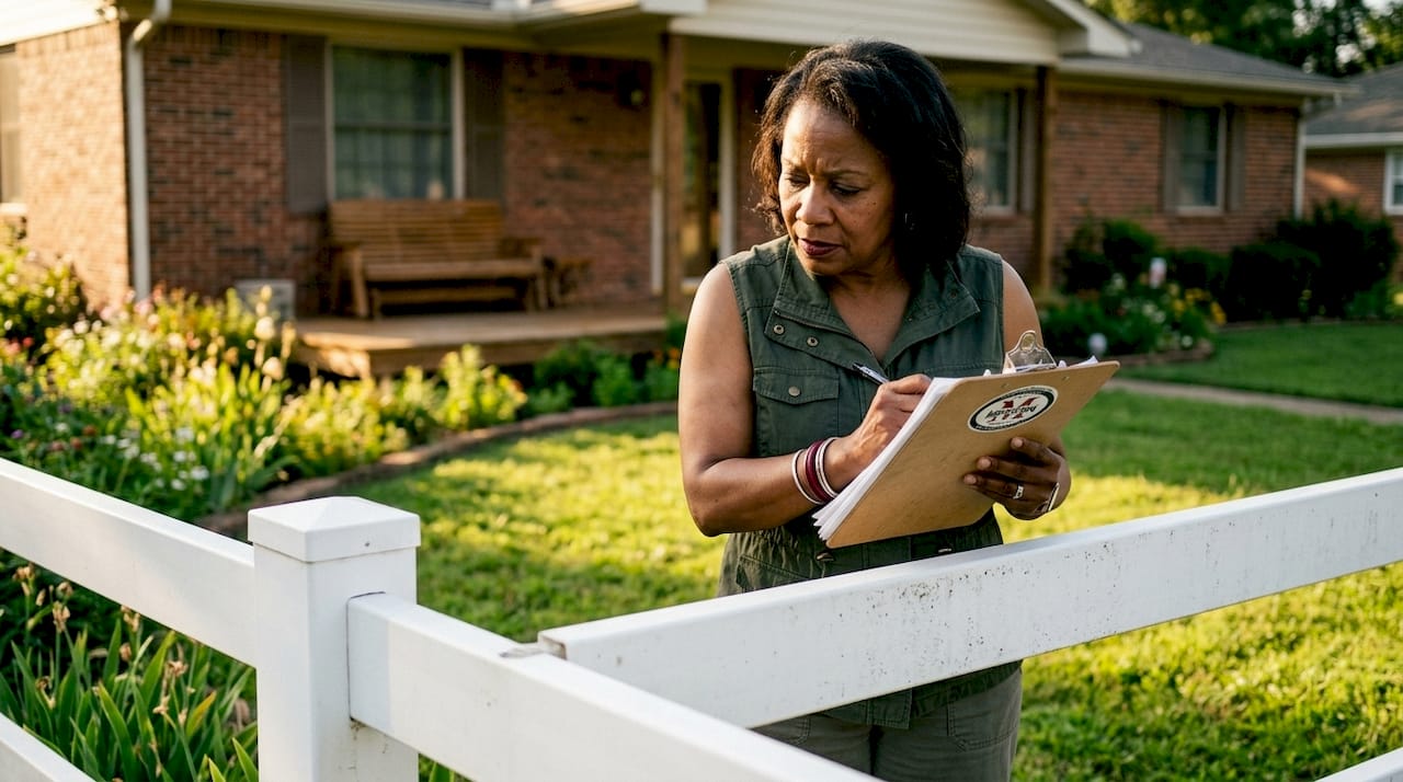 Woman inspecting vinyl fence with clipboard outdoors