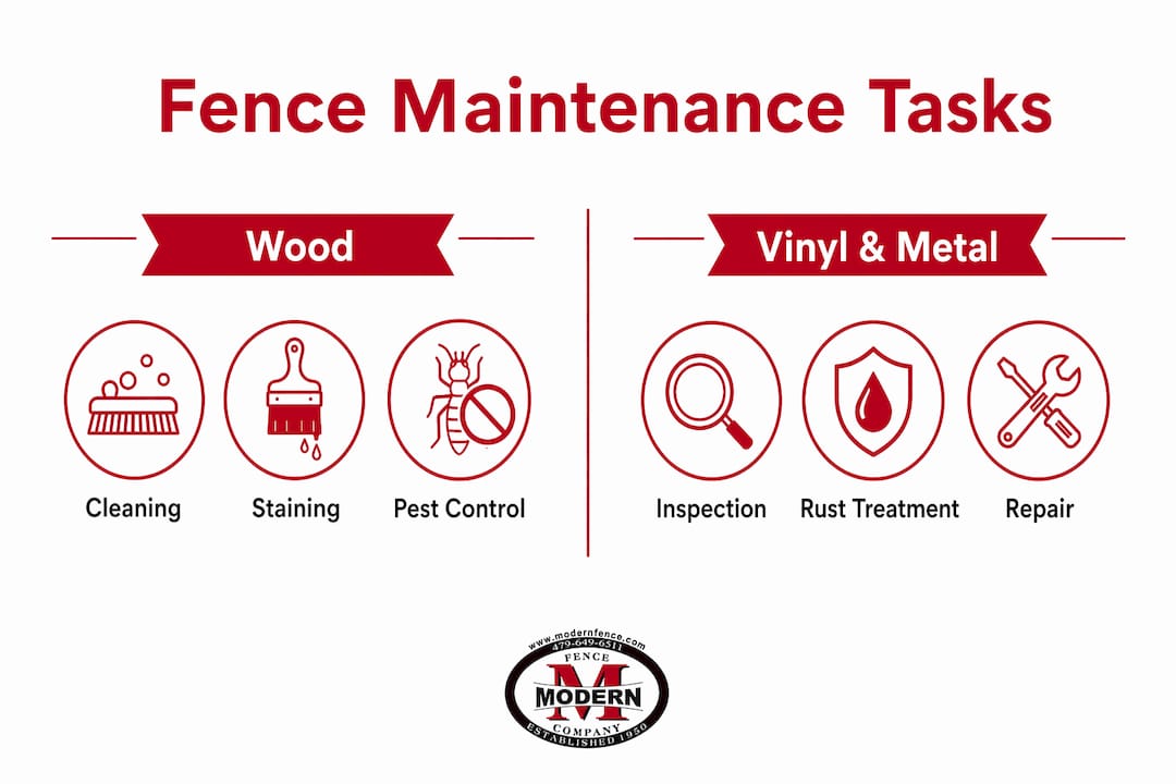 Infographic comparing wood vs. vinyl and metal fence maintenance tasks
