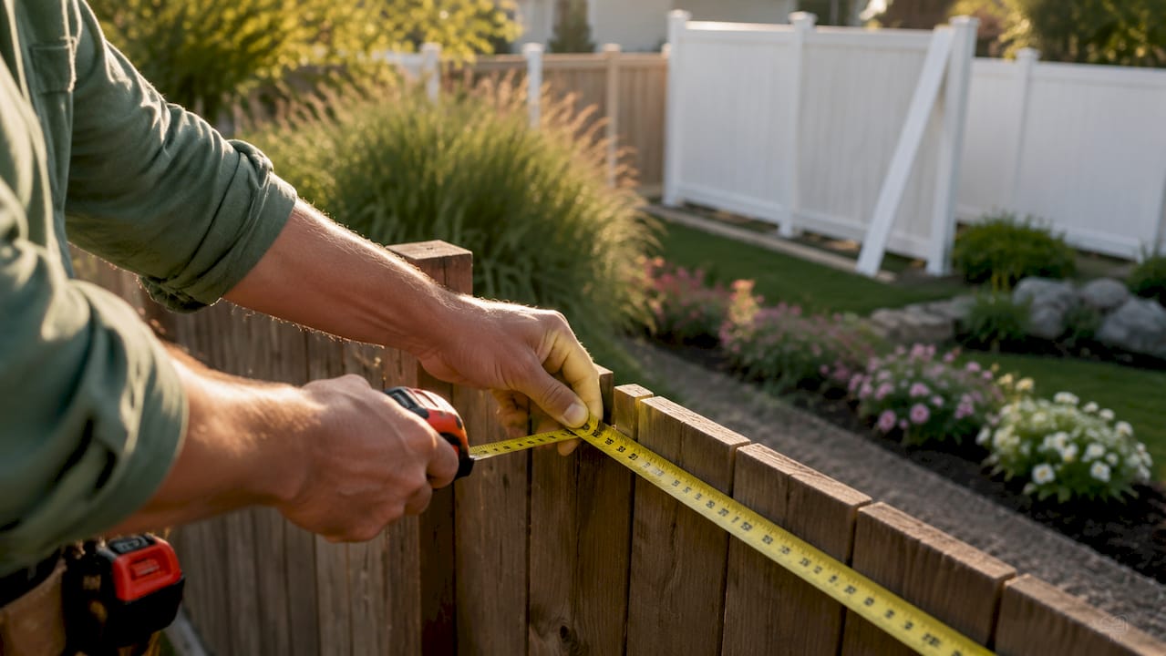 Hands measuring vinyl fence panel outdoors