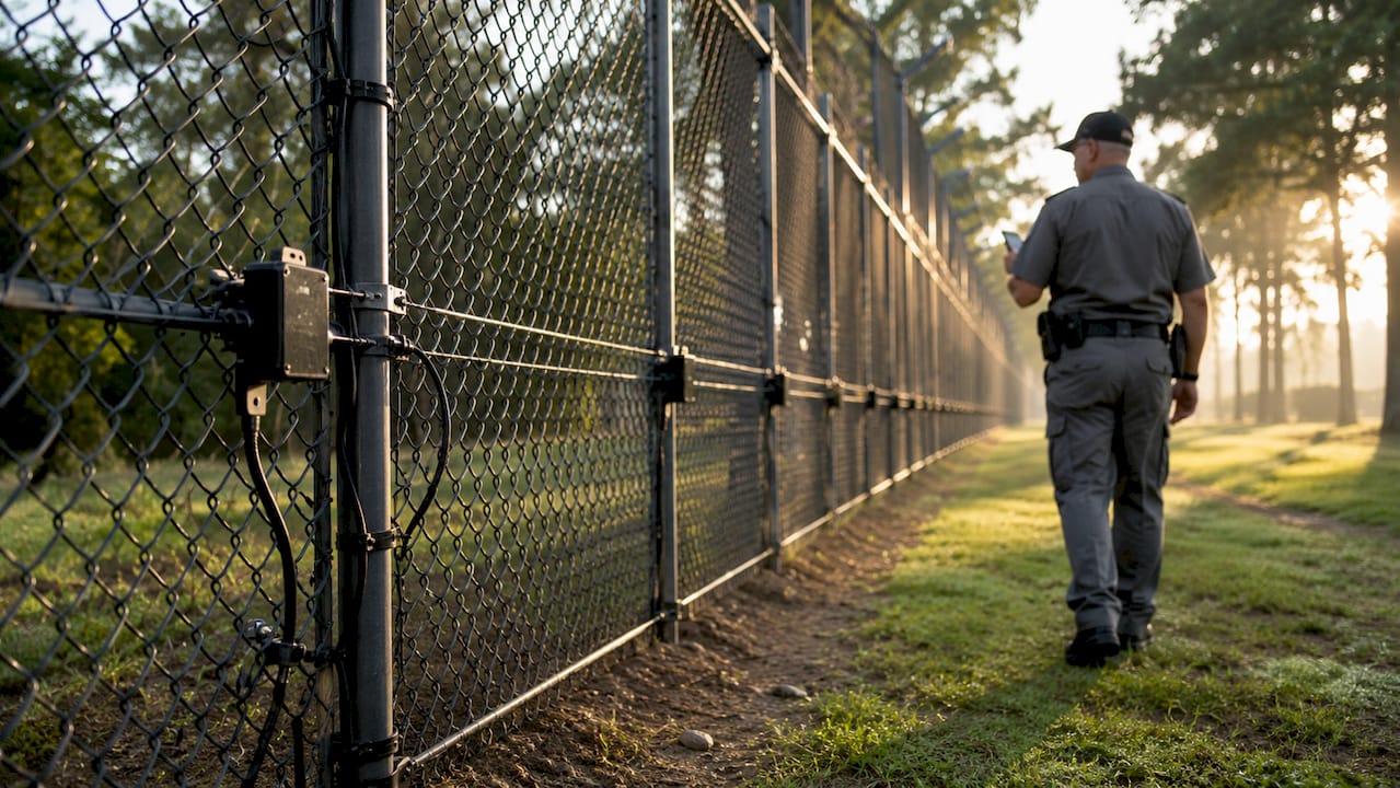 Chain link fence with sensors and guard checking