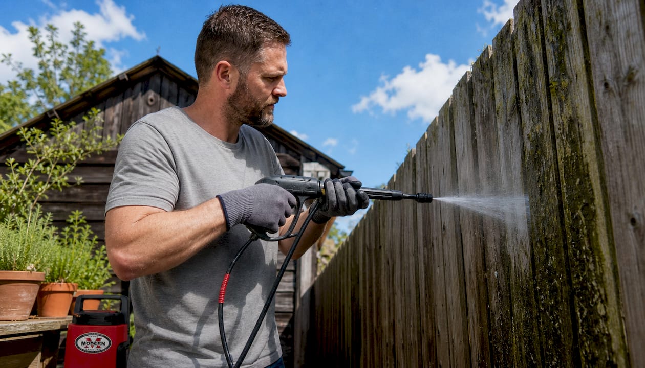 Hand spraying power washer on wooden fence