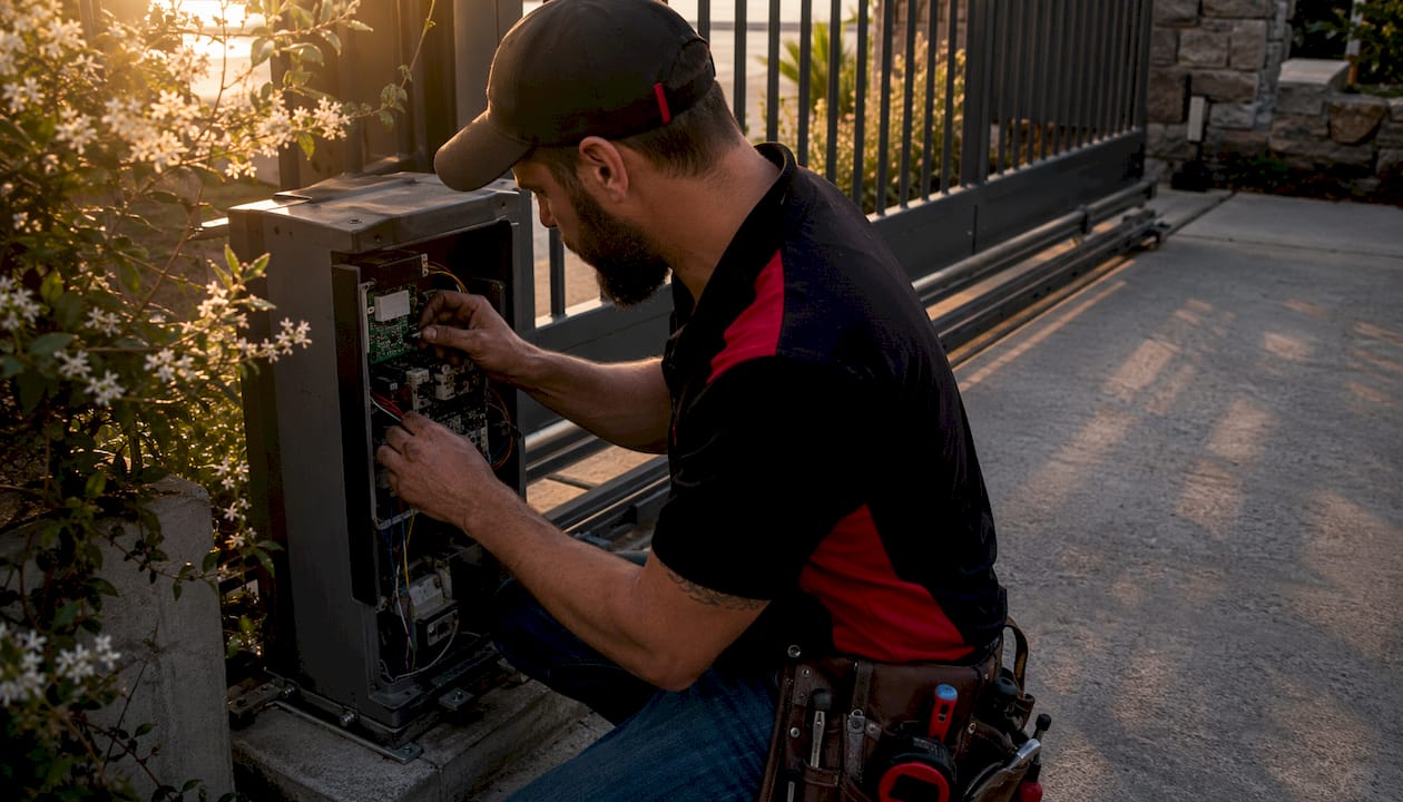 Technician adjusting sliding gate control panel