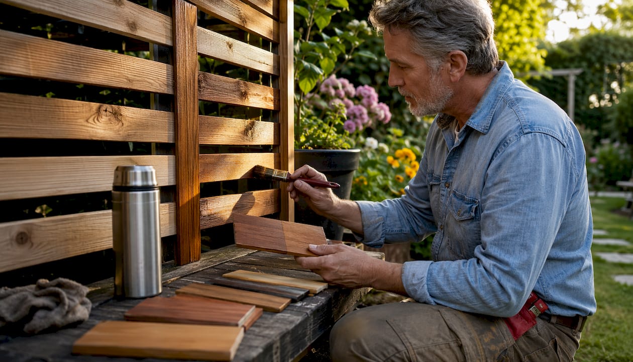 Craftsman choosing fence stain in backyard