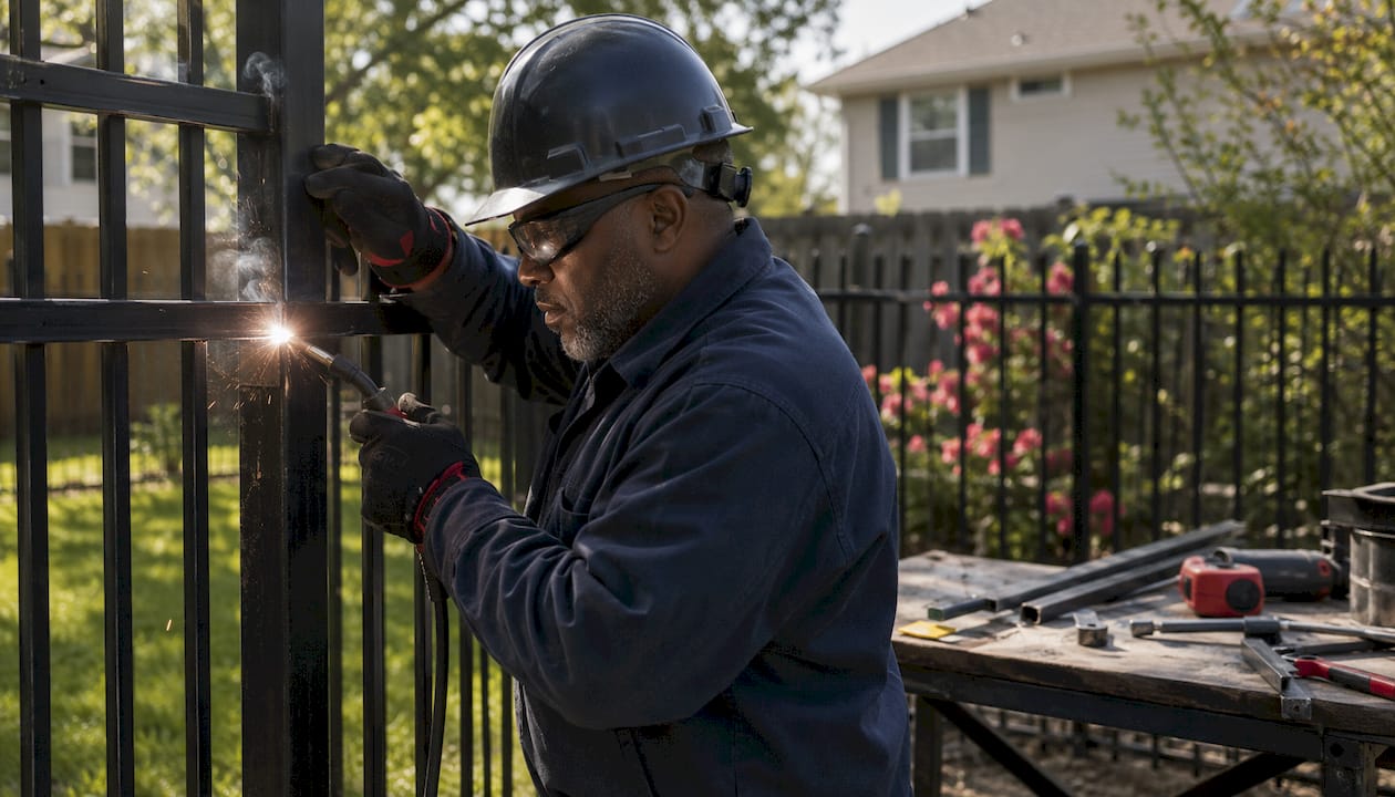 Fence contractor installing metal fence panel