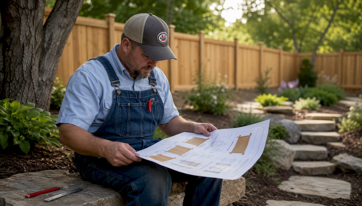 Contractor reviewing fence design plans outdoors