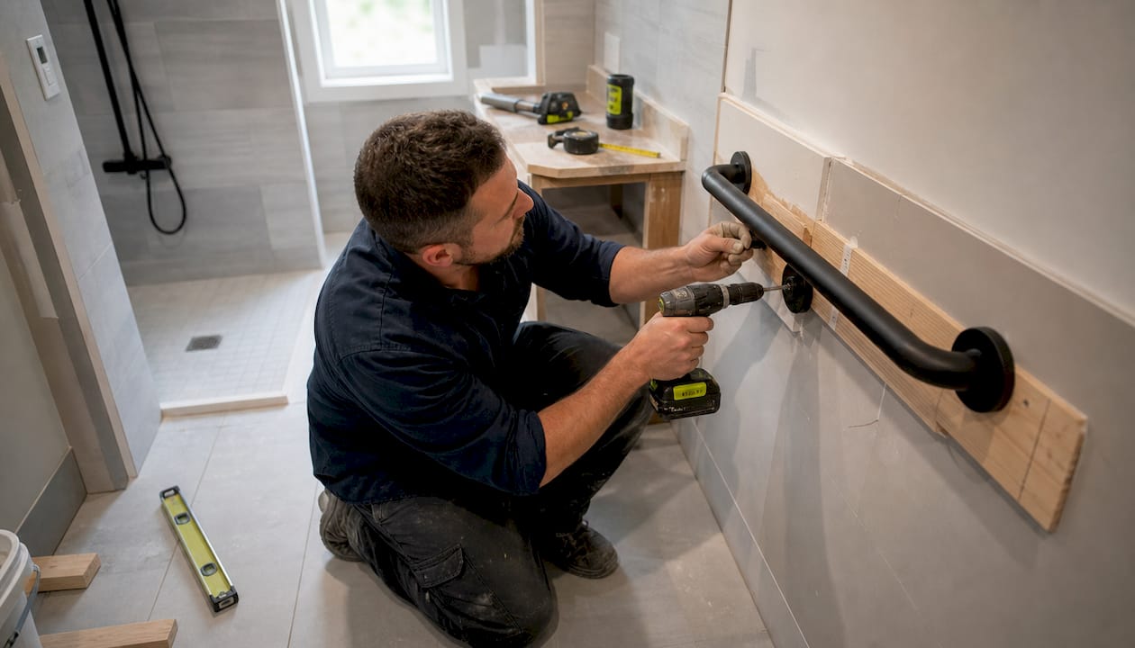 Hands installing grab bar on bathroom wall