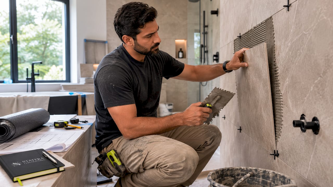 Contractor inspecting bathroom tiles during remodel