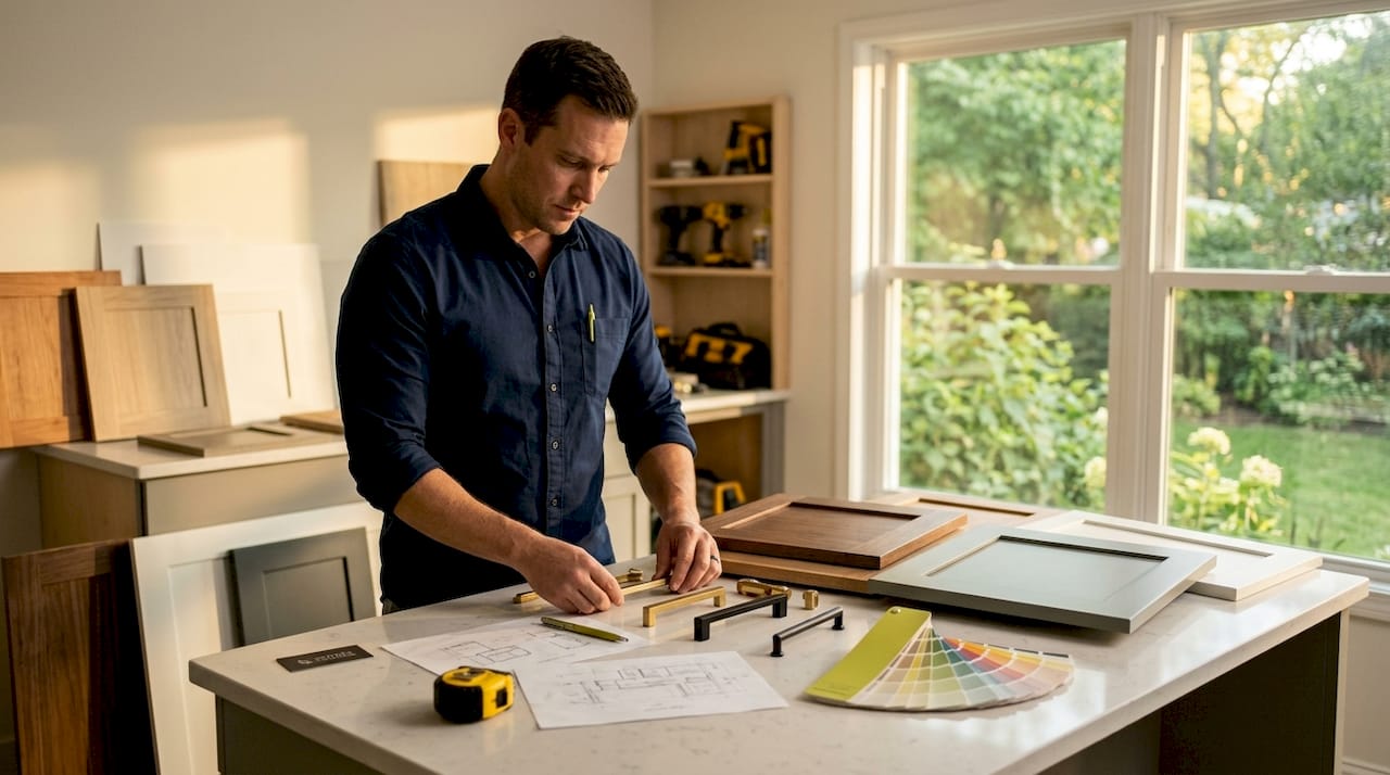 Hands selecting cabinetry samples and hardware