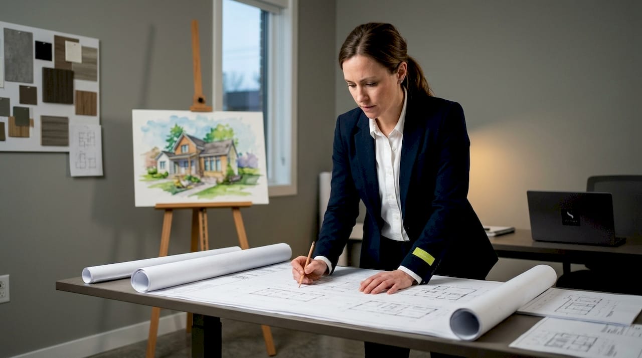 Architect working on home addition plans indoors