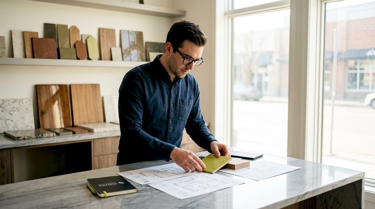 Man reviewing Shaker modern kitchen renovation plans