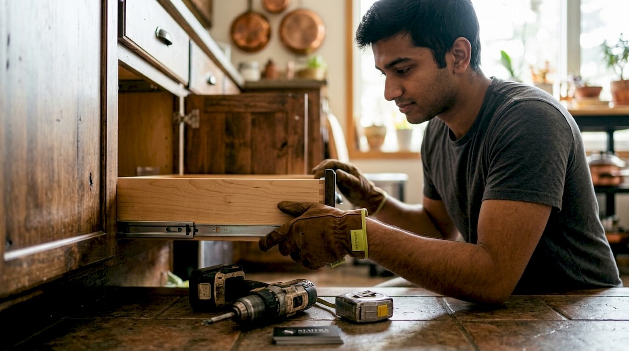 Man installing pull-out kitchen drawer