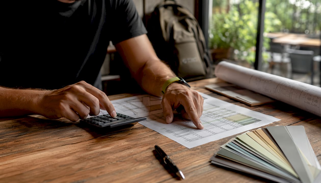 Hands calculating renovation costs with documents