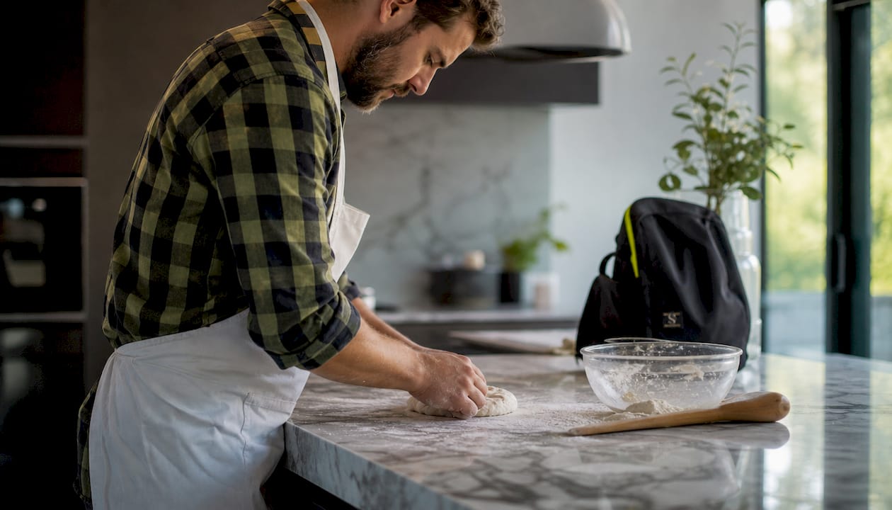 Hands kneading dough on lower kitchen countertop