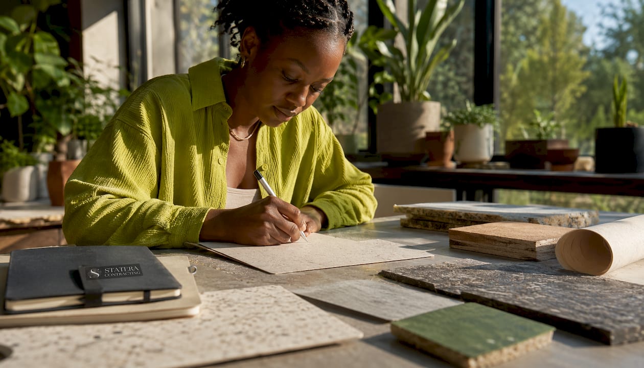 Sustainability consultant hands with building samples