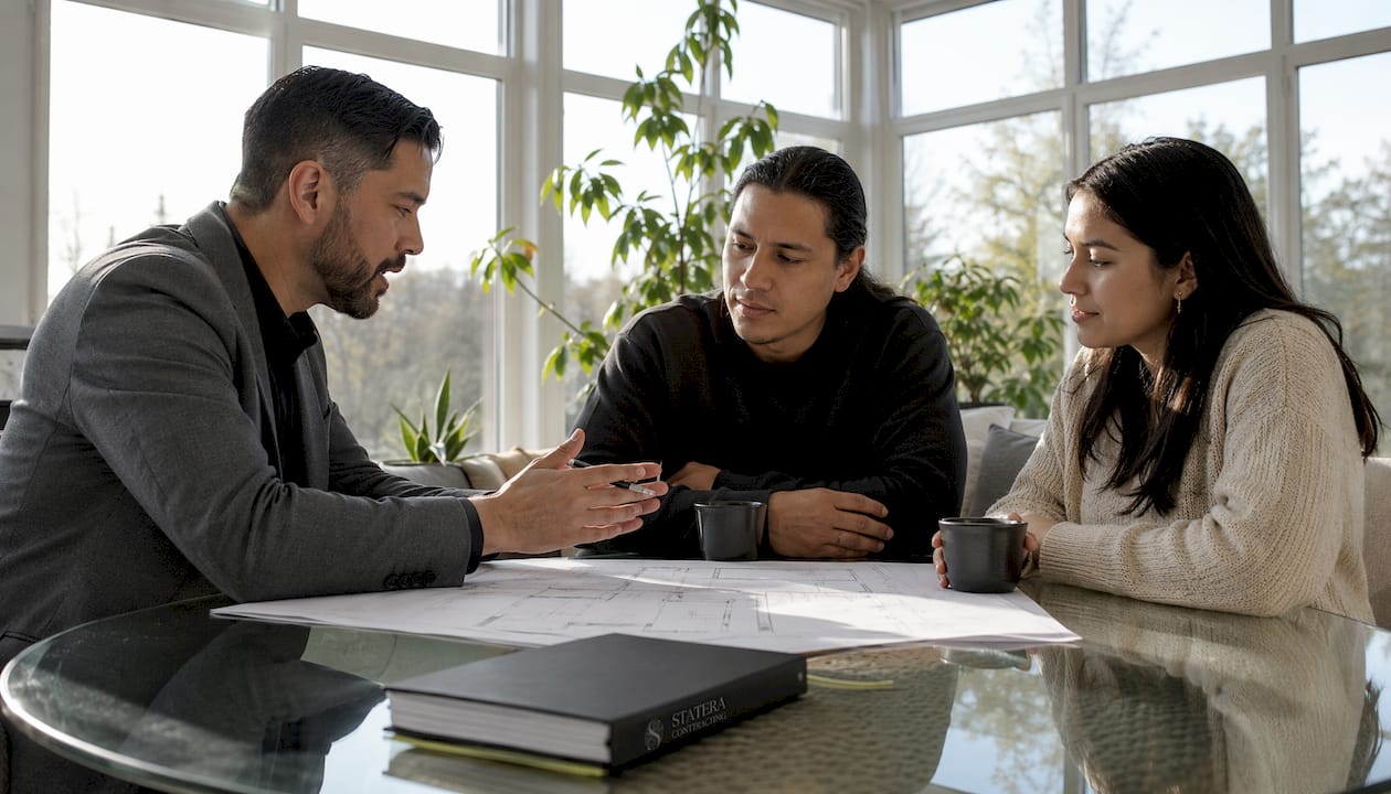 Contractor consulting homeowners in renovation site