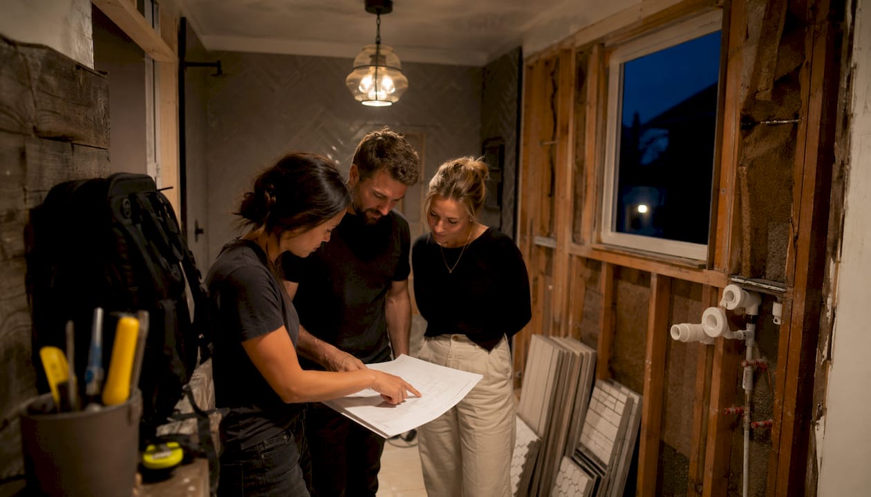 Renovation team discussing bathroom plans onsite