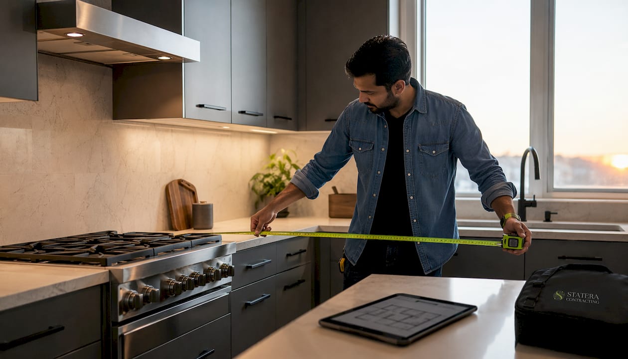 Man measuring modern kitchen zones
