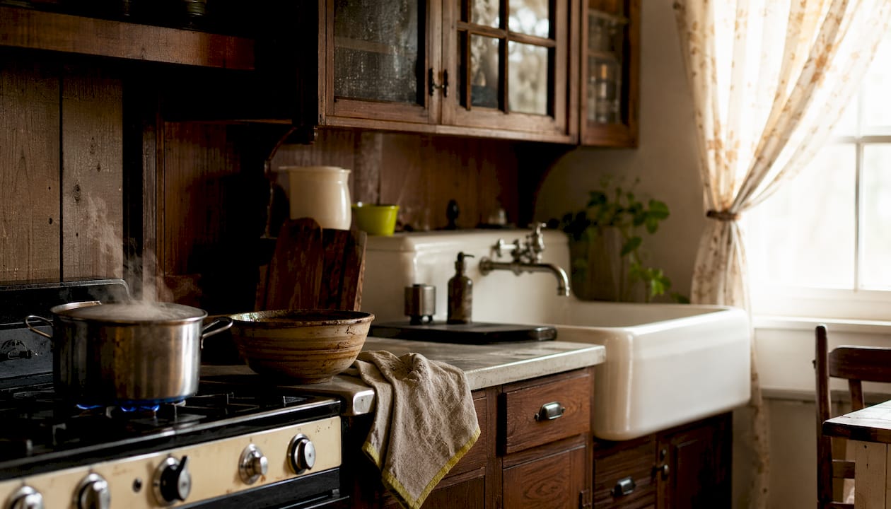 Overhead view of vintage small kitchen