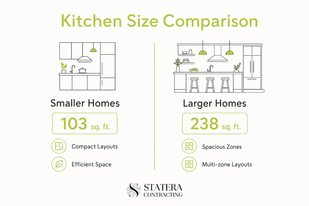 Infographic comparing kitchen sizes by home type