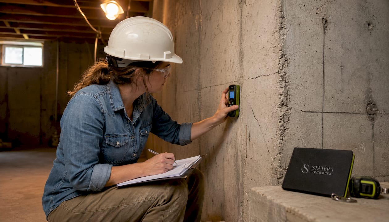 Engineer inspecting house foundation in basement