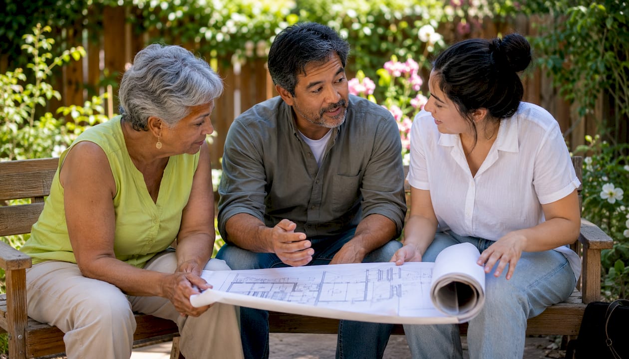 Multigenerational family discussing basement renovation project