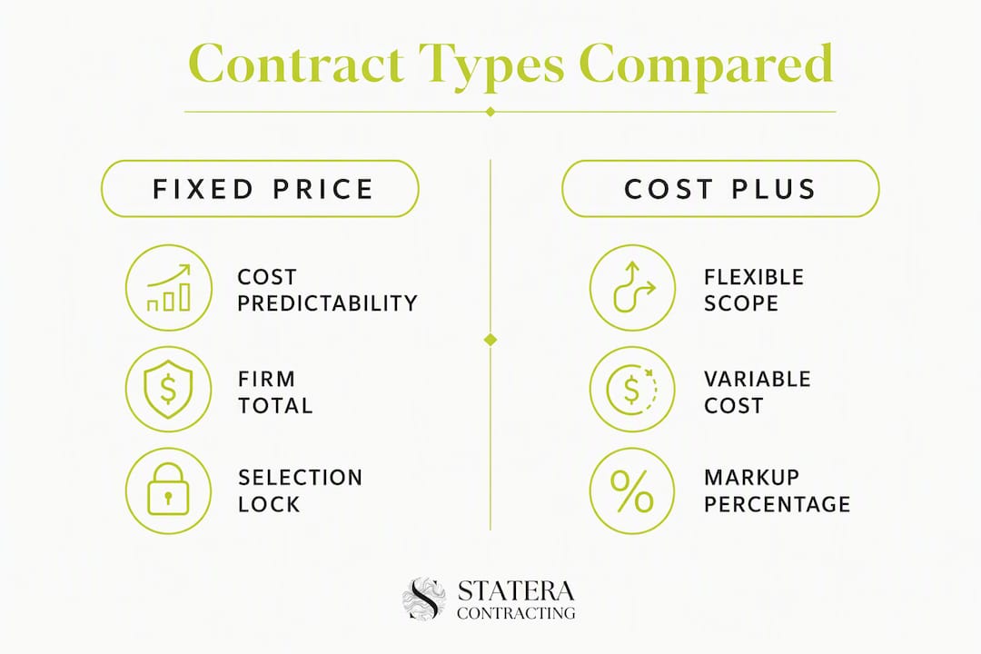 Infographic comparing fixed price and cost plus contract types