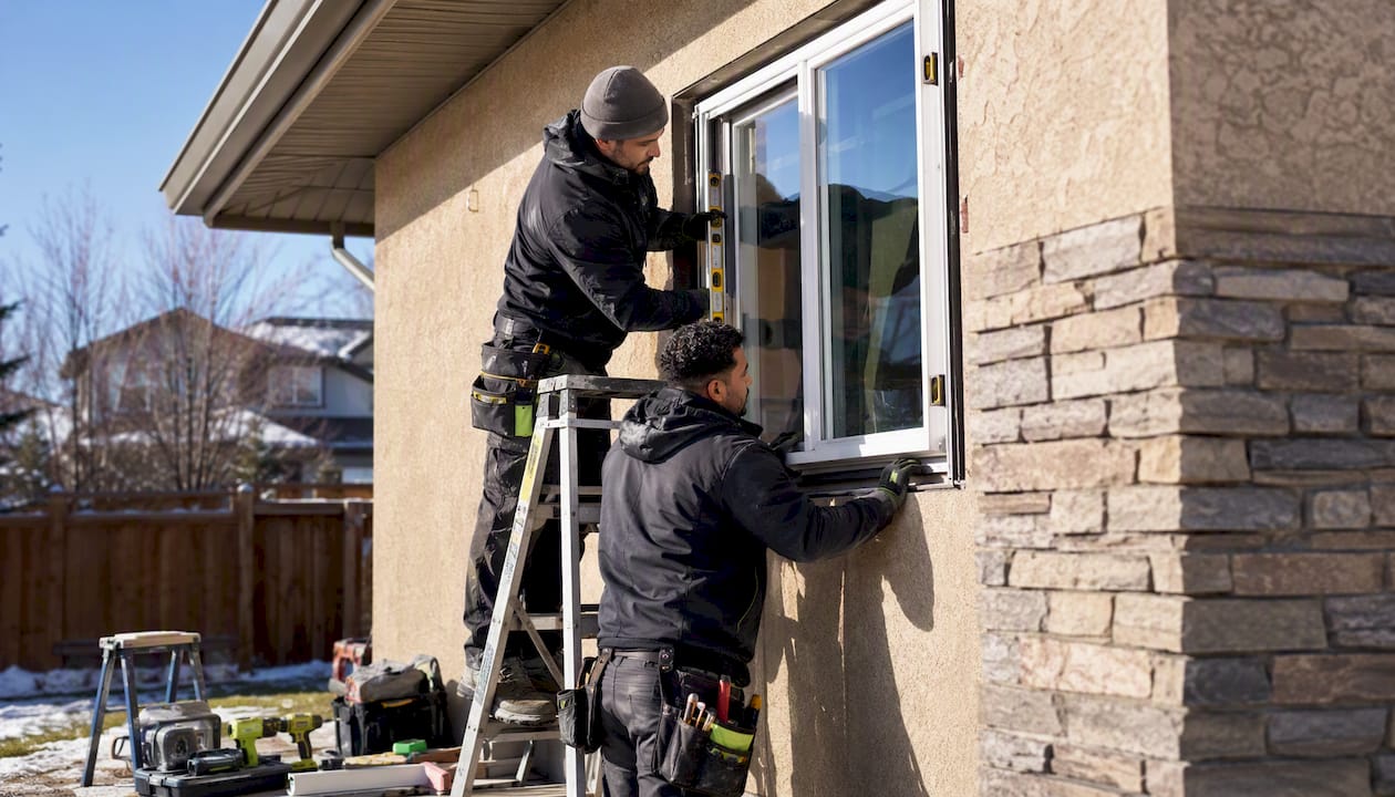 Two contractors installing window exterior on home