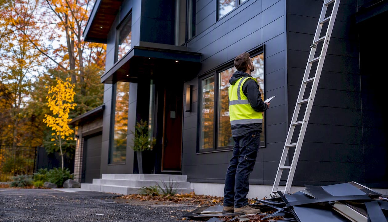 Technician inspecting aluminium siding on house exterior