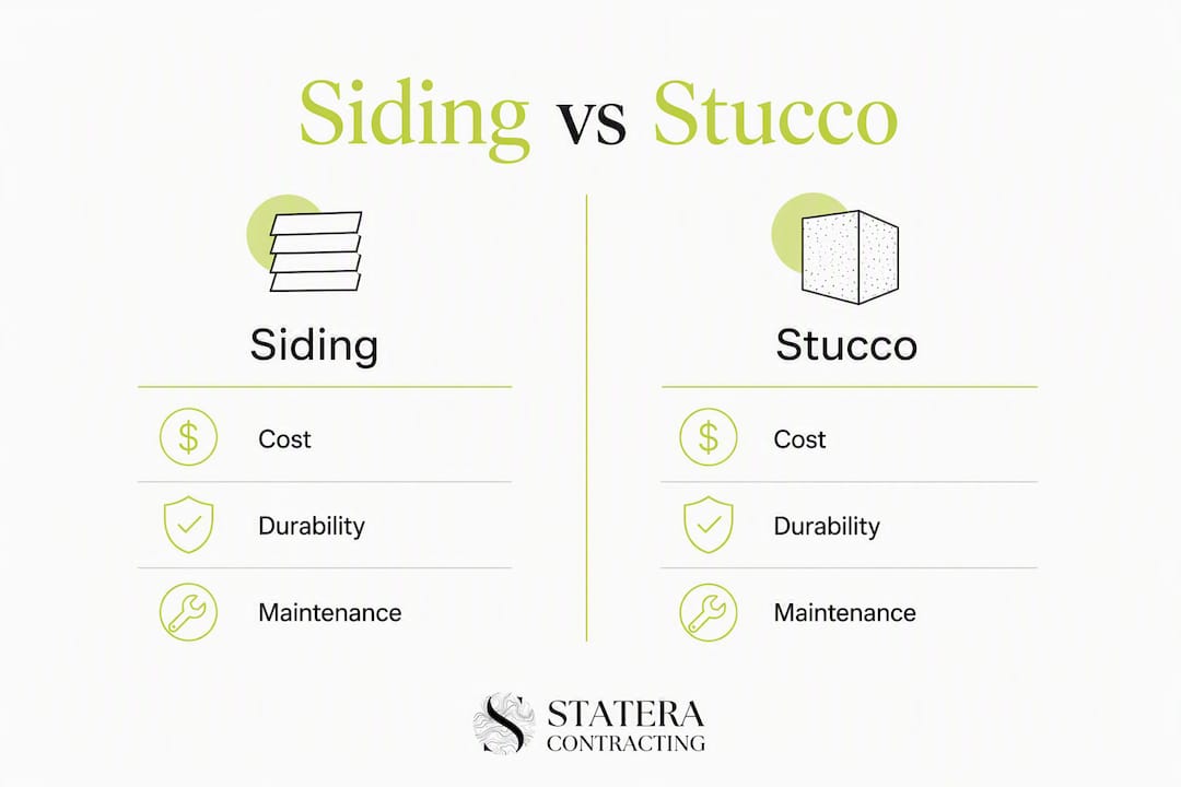 Infographic comparing siding and stucco key factors