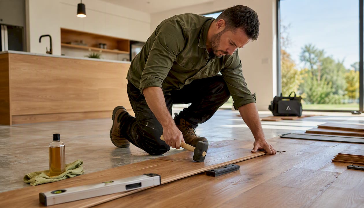 Floor installer fitting solid hardwood planks