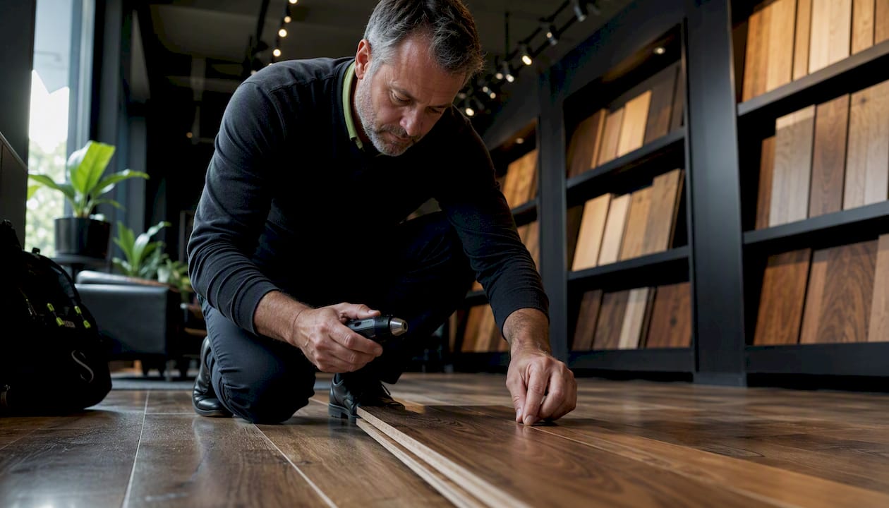 Close-up on hands measuring engineered hardwood veneer
