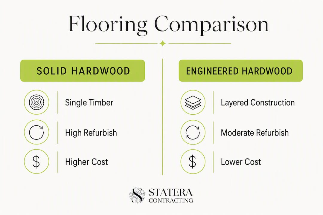 Infographic comparing solid and engineered hardwood flooring