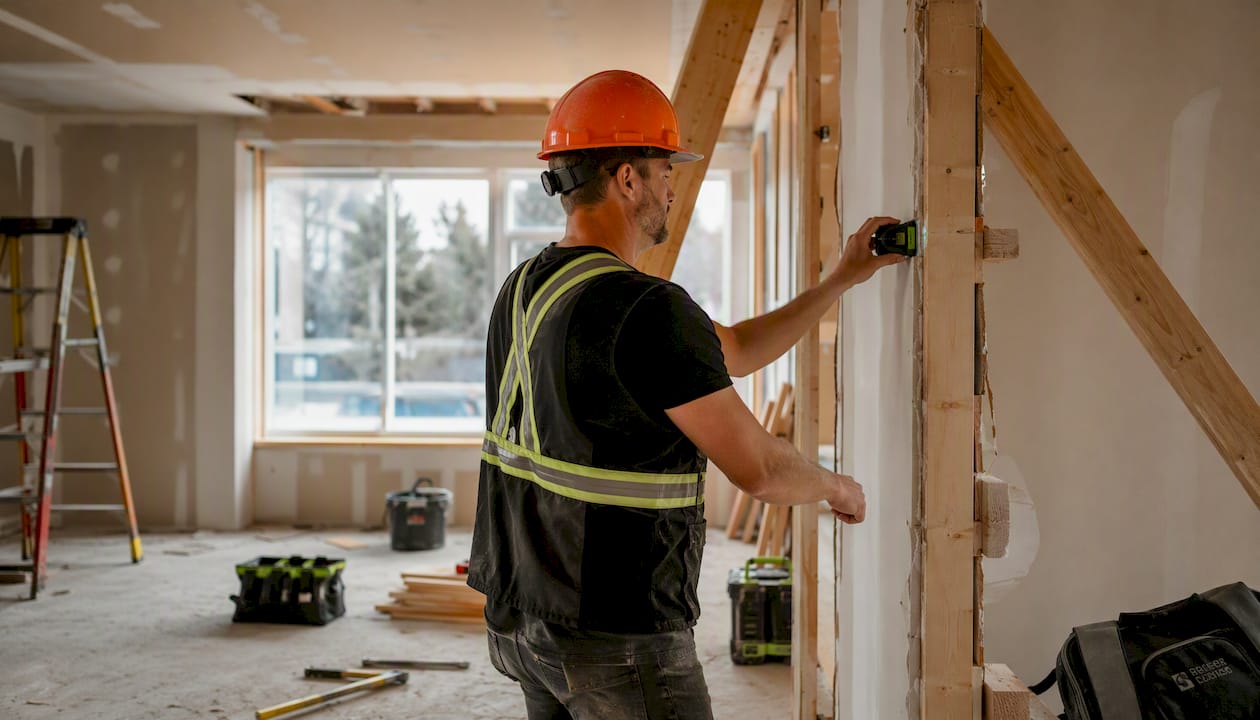 Construction worker inspecting load bearing wall site