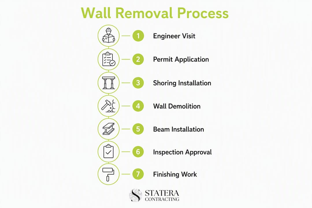 Infographic illustrating steps in load bearing wall removal process
