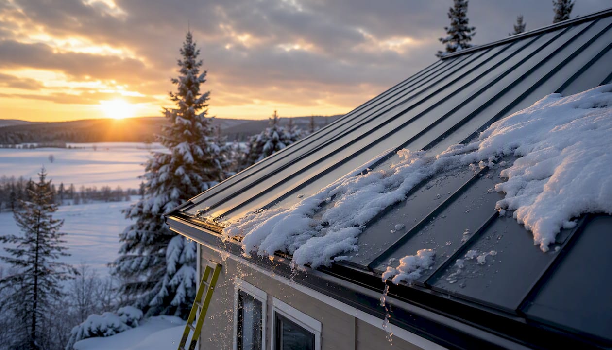 Standing seam metal roof with snow sliding off