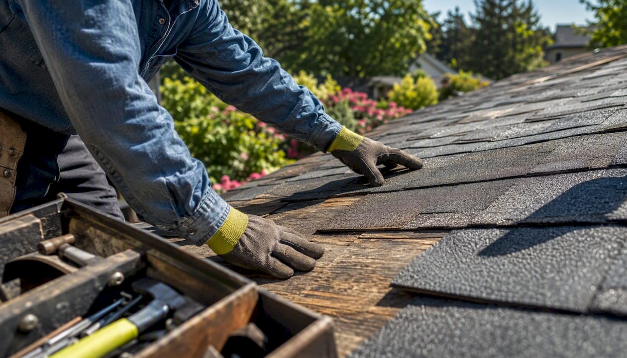 Hands installing asphalt shingles on roof