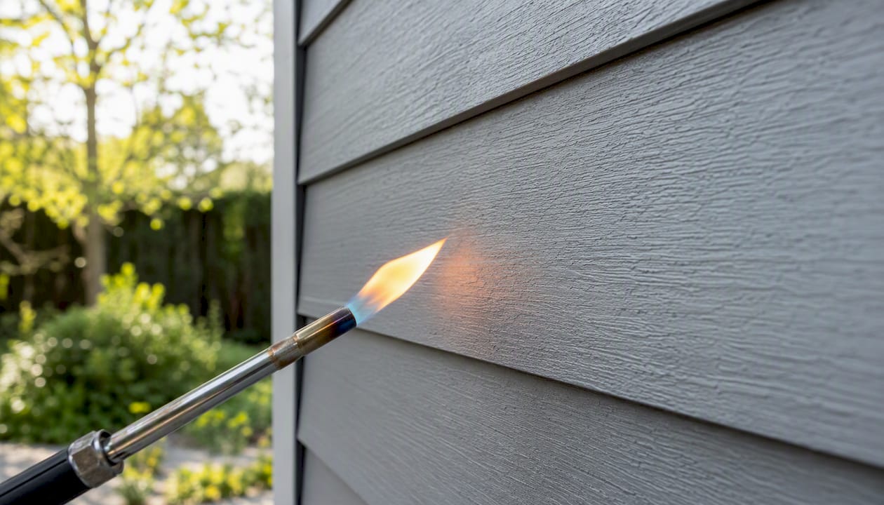 Close-up of fibre cement siding near flame