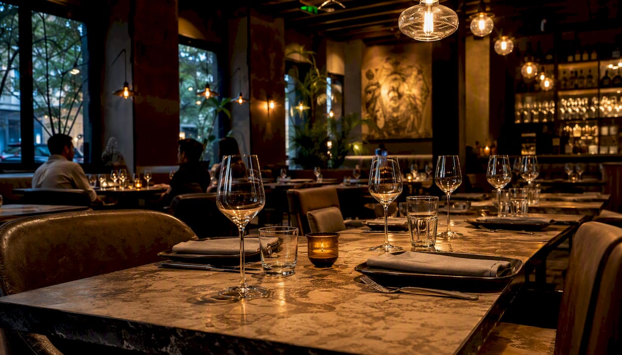 Warm pendant lighting over restaurant table