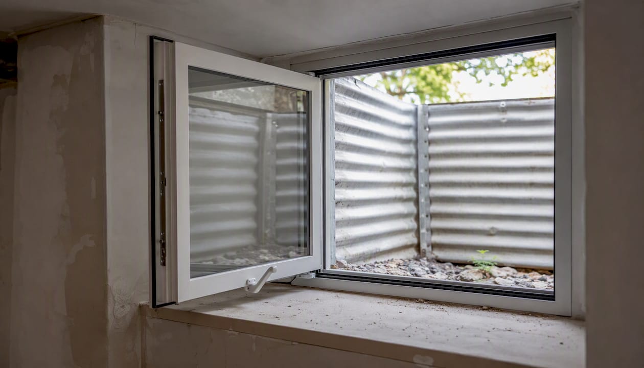 Open side-hinged casement basement window