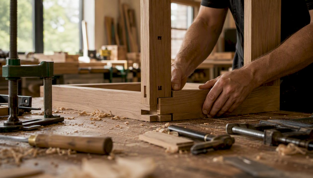 Hands assembling custom wood cabinetry