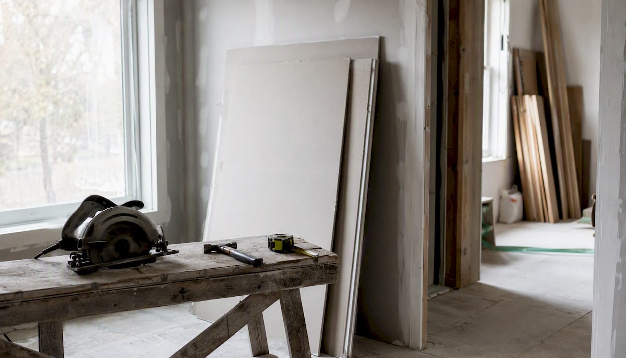 Paused renovation site with tools and materials