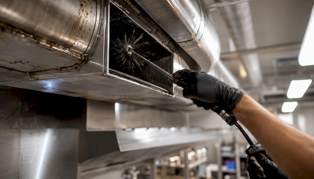 Technician manually cleaning kitchen exhaust duct