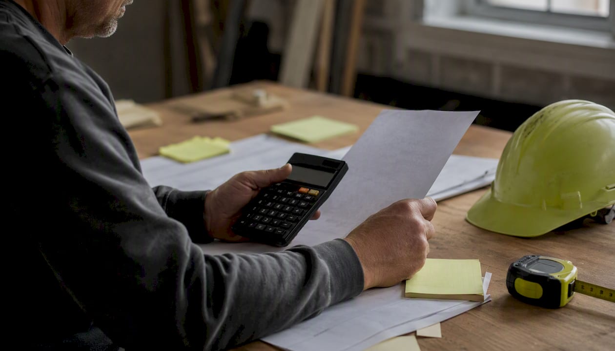 Hands calculating construction budget with tools nearby