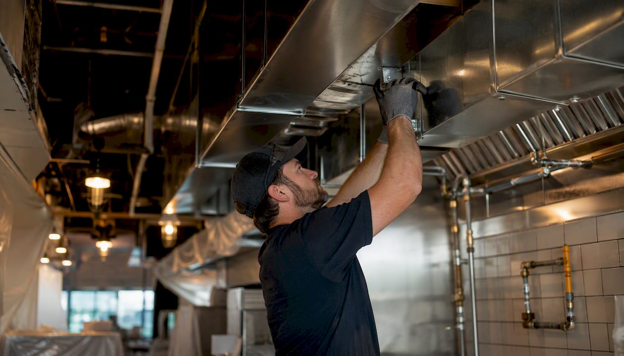 Contractor installing ventilation duct in restaurant kitchen