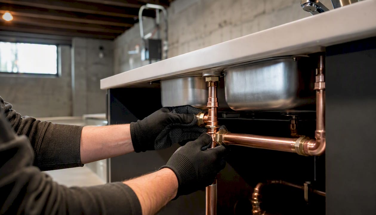 Hands installing plumbing pipes under bar sink