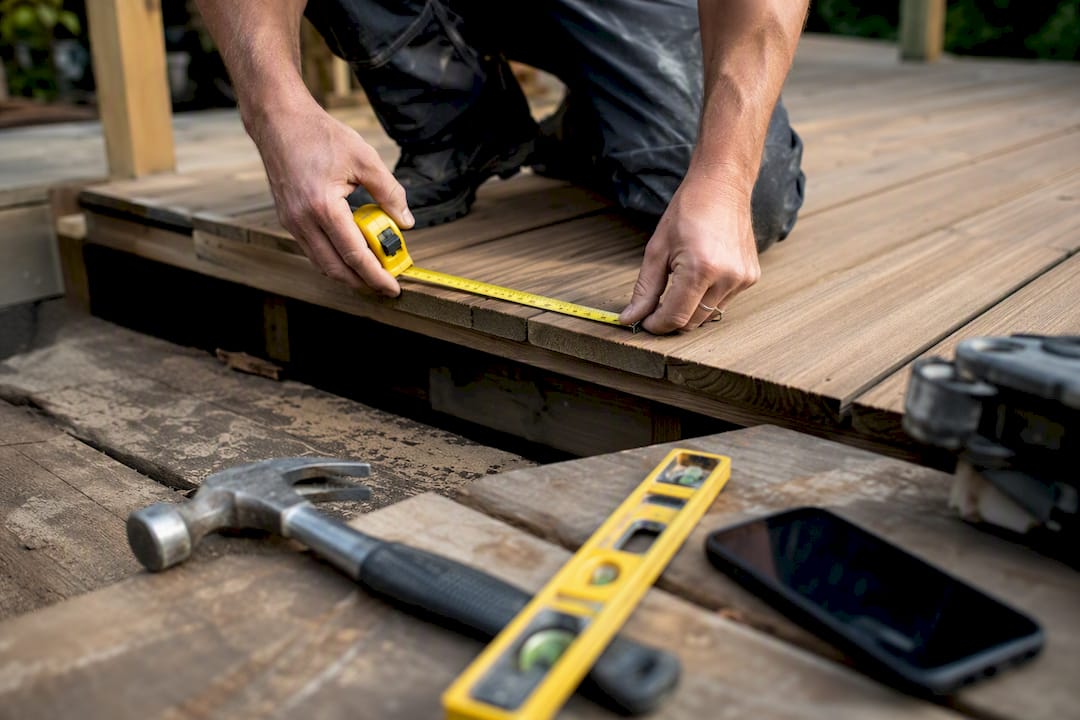 Hands measuring countertop with tools