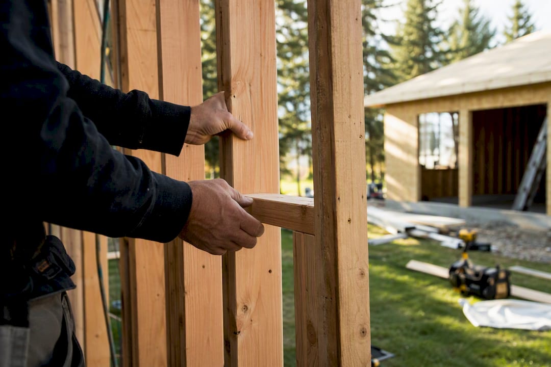 Carpenter measuring and cutting wood for garage framing