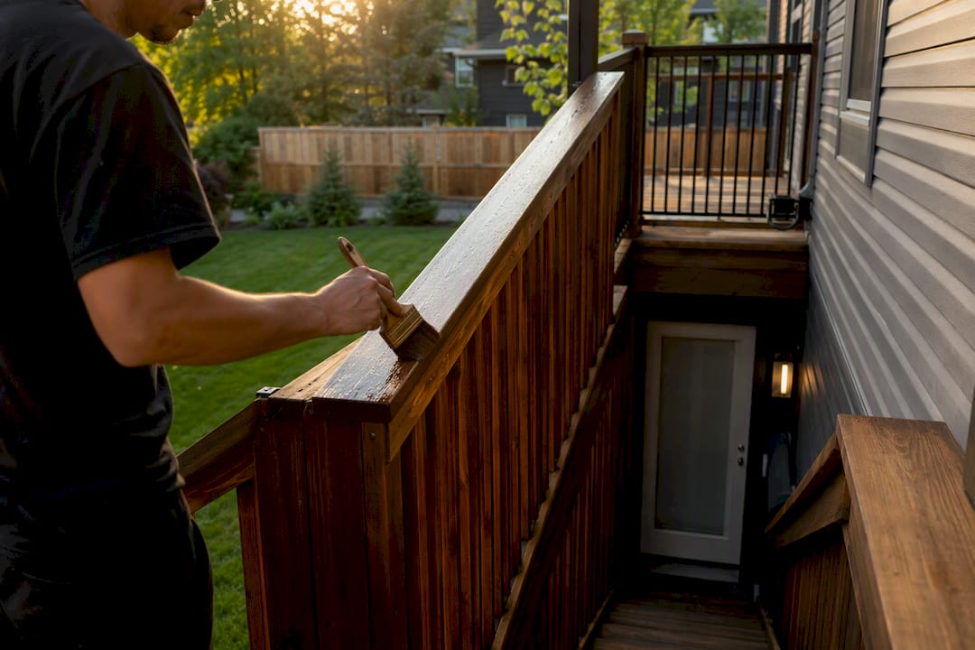 Hands applying finish to deck stairs railing