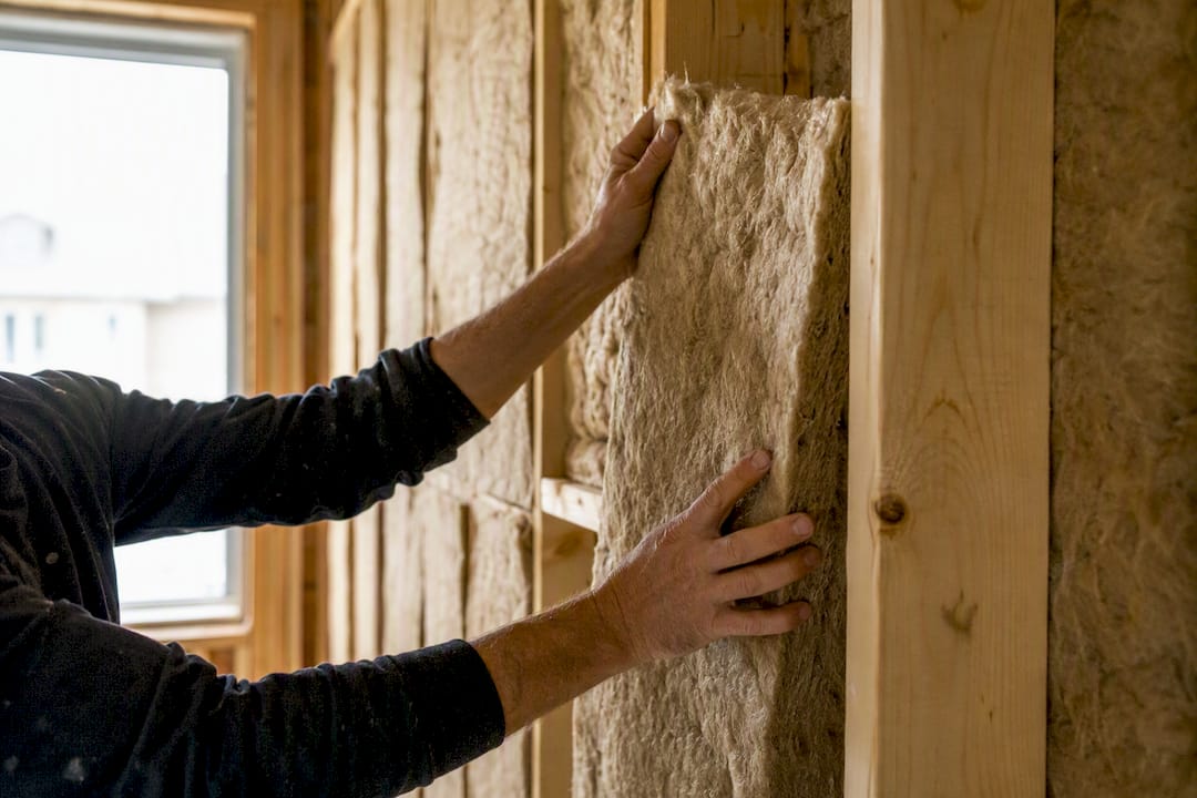Hands installing insulation in second storey wall framing